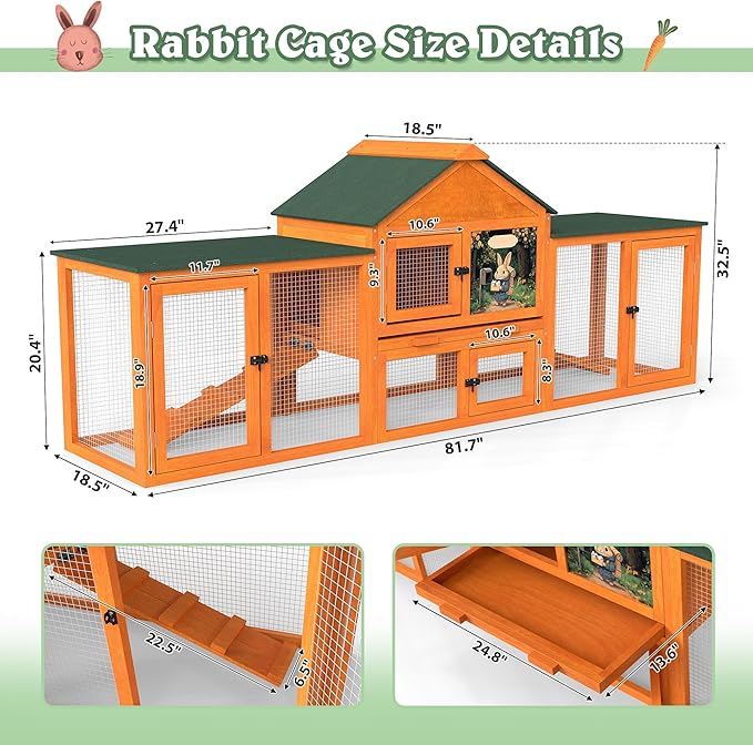 COZIWOW 82” Extra Large Fashion Wooden Outdoor Rabbit Hutch Bunny Cage Indoor Easy to Assemble and Durable with Cleaning Tray & Waterproof Roof for Small & Medium Bunny Rabbit Duck Chick (Orange)-PawvioPets
