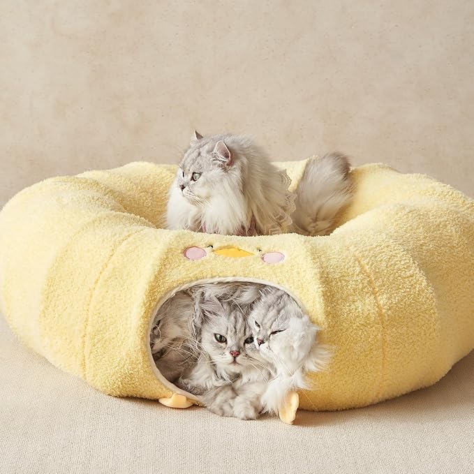EHEYCIGA Cat Tunnel Bed for Indoor Cats, Cute Cat Donut Toy Tunnel for Small Large Cats with Washable Circle Cushion, Peekaboo Pet Cave Play Tunnel for Kitten, Puppy, Rabbit-PawvioPets