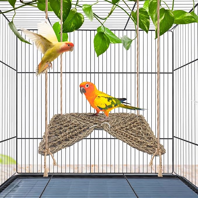 BNOSDM Bird Seagrass Mat, 3 PCS 7.1 x 7.1 Inches Parrot Natural Seagrass Woven Bird Net Hammock Mats Chew Toys Bird Hideout Cage Accessories for Lovebird Cockatiel Conure Budgie Hamster Rats-PawvioPets