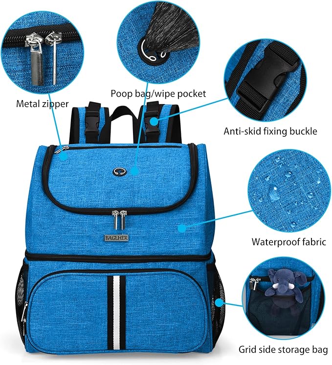 BAGLHER Pet Travel Bag, Double-Layer Pet Supplies Backpack (for All Pet Travel Supplies), Pet Travel Backpack with 2 Silicone Collapsible Bowls and 2 Food Baskets Blue-PawvioPets