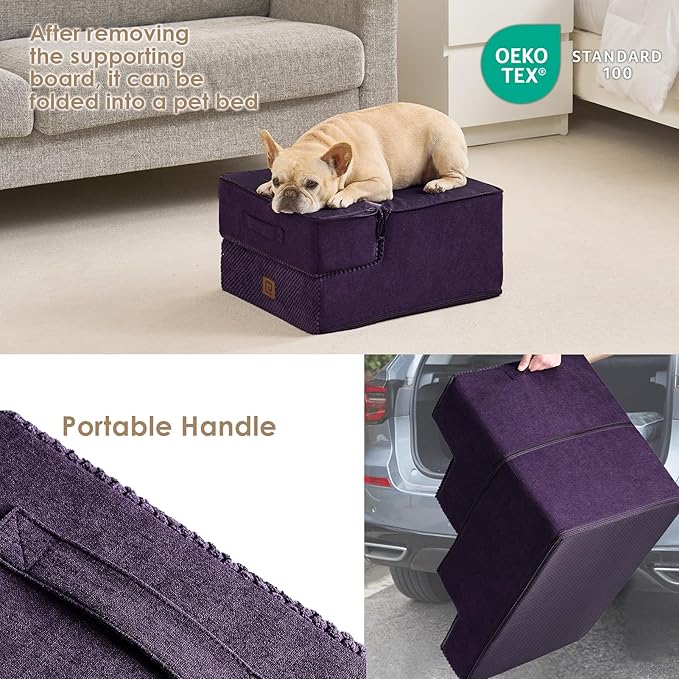 EHEYCIGA Dog Stairs for Small Dogs 13.5" H, 3-Step Dog Steps for Couch Sofa and Chair, Pet Steps for Medium Cats, Non-Slip Balanced Pet Ramp Indoor, Purple-PawvioPets
