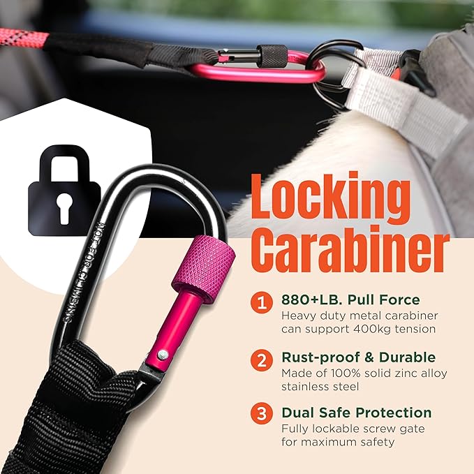 Dog Seat Belt for Car | Universal Dog Car Seatbelt | Durable Reflective Rope with Clip Hook Latch, Buckle and Carabiner- Safe and Secure Pet Safety Restraint (Pink)-PawvioPets