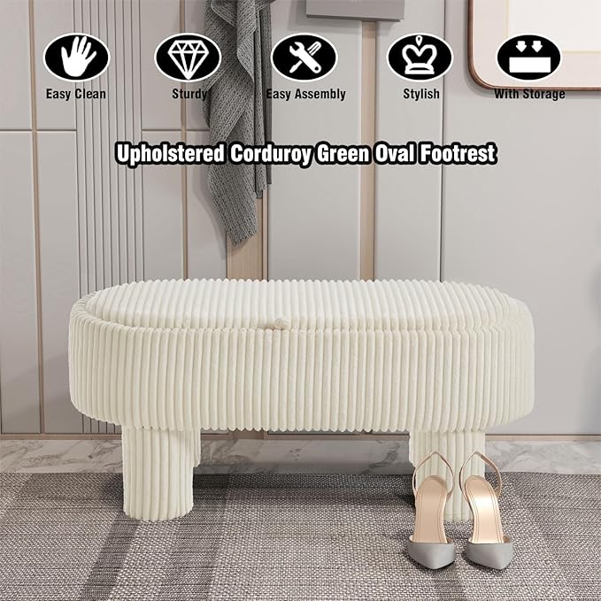 Corduroy Storage Ottoman Bench, 43" Upholstered Oval Footrest with Hidden Storage, Modern Design with Solid Wood Legs for Bedroom, Living Room, and Entryway Furniture, White-PawvioPets