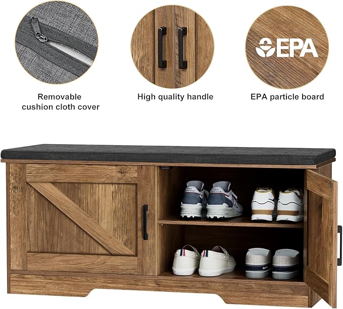 2-Tier Storage Bench, Shoe Bench with Padded Seat Cushion, Entryway Bench with 2 Barn Doors, Adjustable Shelf, 13.8" D x 39.4" W x 17.7" H, for Entryway, Living Room, Bedroom, Rustic Walnut-PawvioPets
