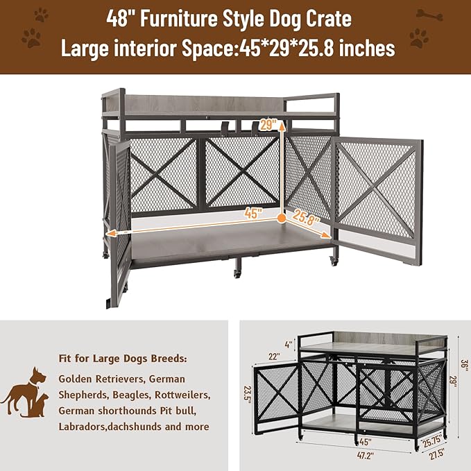 COZPAW Large Dog Crate Furniture, 48 Inch Wooden Dog Kennel for XLarge Dogs, Heavy Duty Dogs Furniture Indoor Wire Dog Cage with Caster Wheels,Decorative Pet House End Table, Textured Gray-PawvioPets