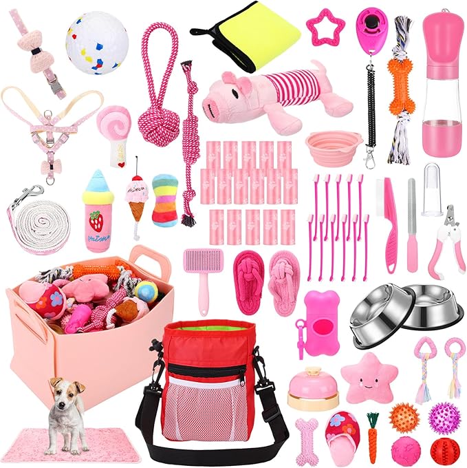 65 Pcs Puppy Supplies Starter Kit Small Dog Essentials Includes Dog Leash, Toys, Bowl, Brushes, Water Bottles, pet Blankets Puppy Accessories for New Welcome Gift Supplies(Cute,Pink)-PawvioPets