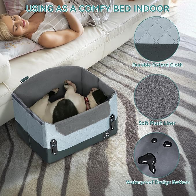 A 4 Pet Dog Car Seats for Small Dogs, Booster Car Seat with Patent Buckles & Clip-On Safety Leash, Pet Seat for Puppy Small Dogs Cats Under 25 Lbs, Green-PawvioPets