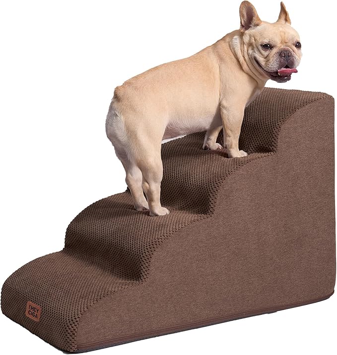 EHEYCIGA Curved Dog Stairs Ramp for High Beds 19.7" H, 4-Step Dog Steps for Small Dogs and Cats, Pet Stairs for High Bed Climbing, Non-Slip Balanced Pet Step Indoor, Brown-PawvioPets