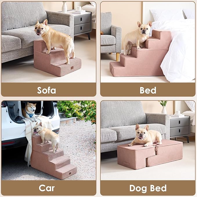 EHEYCIGA Dog Stairs for Bed 18" H, 4-Step Dog Steps for High Bed, Pet Steps for Small Dogs and Cats, Non-Slip Balanced Pet Ramp Indoor, Pink-PawvioPets