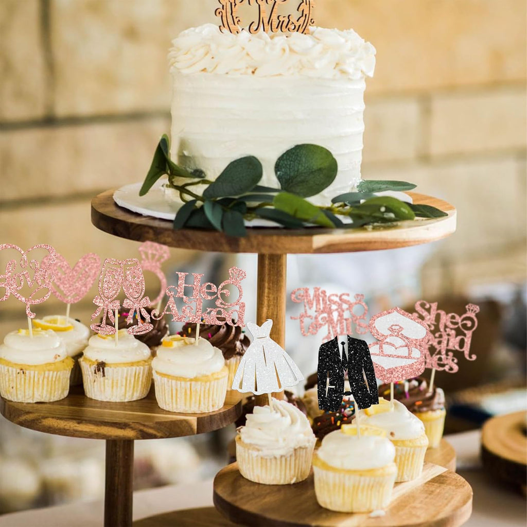 Gyufise 30Pcs She Said Yes Cupcake Toppers Glitter Diamond Ring I Do Love Cupcake Picks Miss to Mrs He Asked Bridal Shower Wedding Engagement Bachelorette Cake Decoration Rose Gold