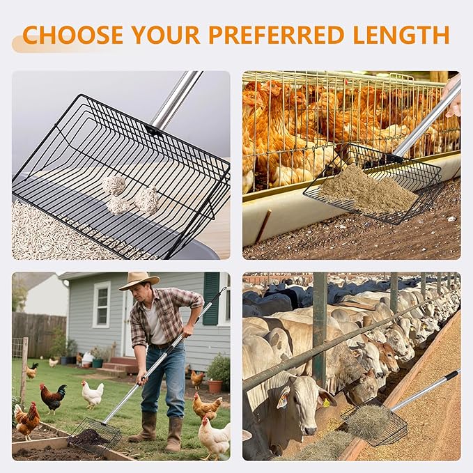 10inch Large Chicken Poop Scooper,36 to 67" Adjustable Long Chicken Coop Litter Metal Scoop with Stainless Steel Handle,5-in-1 Detachable Poop Shovel for Sand,Pet,Chicken,Cat Cleaning Tools.-PawvioPets