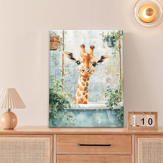 Bathroom Funny Giraffe Pictures Wall Art, Watercolor Giraffe Bathroom Wall Decor, Animal Framed Painting Canvas Artwork for Living Room Decorations 20"L x 16"W-PawvioPets