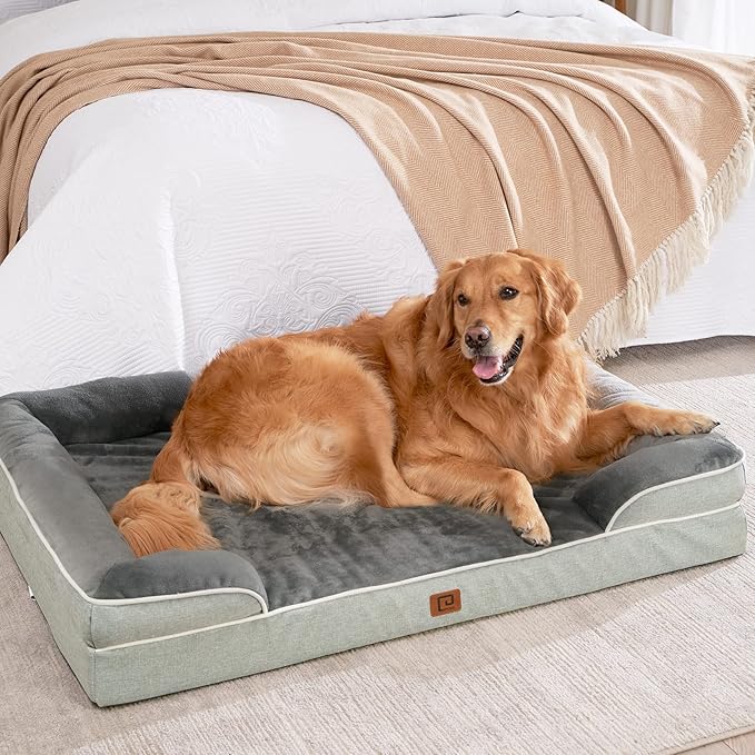 EHEYCIGA Orthopedic Dog Beds for Large Dogs, Waterproof Memory Foam Large Pet Bed with Sides, Non-Slip Bottom and Egg-Crate Foam Dog Couch Bed with Washable Removable Cover, Greyish Green-PawvioPets