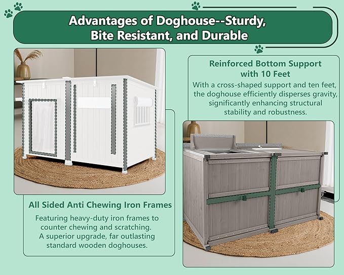 55" Extra Large Outdoor Dog House Weatherproof Wooden Doghouse Indoor for Large Breed Dogs with Anti Bite Frames with Window,10 Elevated Feet, Reinforced Bottom for Pet Up to 220LBS-PawvioPets