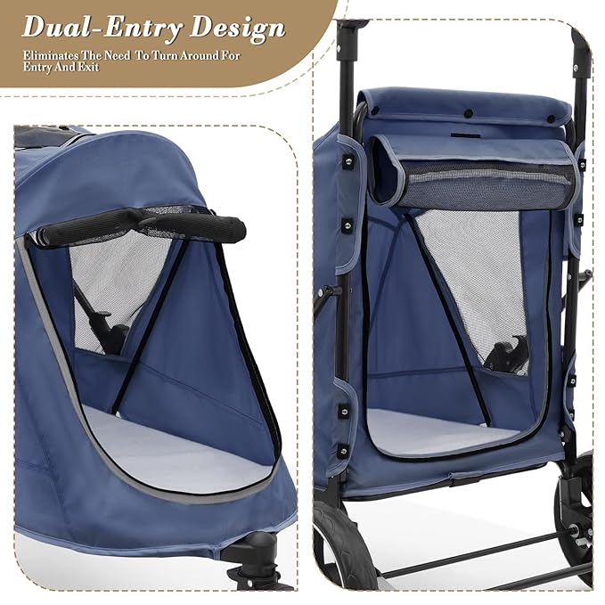 Athena Collection 3 Wheels Pet Stroller Fabric Dog Cart Dog Stroller for Large Dogs 55 Lbs Pet Stroller with Mesh Windows, Zipper Back Pocket, Safety Tether, Angle Adjustable Handlebar, Navy Blue-PawvioPets