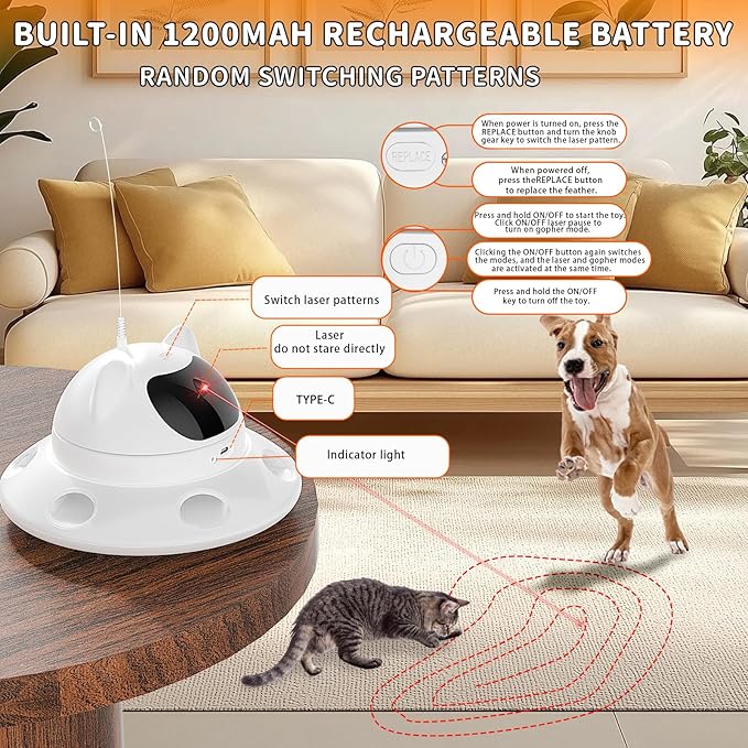 Cat Laser Toy,3-in-1Interactive Cat Toys Automatic Cat Toy with 360° Random Laser & Interactive Feather - 5 Laser PatternsUSB Rechargeable Motion Activated Moving - Fun Toys for Indoor Cats & Kittens-PawvioPets