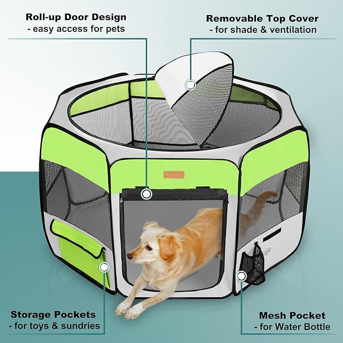 Dog Playpen, Portable Pet Play Pen for Cat, Puppies, Rabbits, Chickens, Foldable Large-Capacity Pet Tent for Indoor/Outdoor Travel Camping Green-PawvioPets