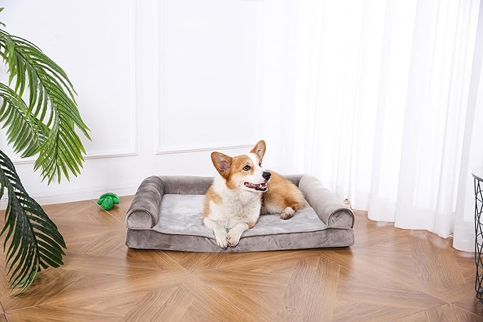 Amazon Basics Dog Bed with Cooling Gel Memory Foam, Pressure-Relief Support for Dogs up to 55lbs, Non-Slip Bottom, Machine Washable Cover, Large Sized (36" x 27"), Brown-PawvioPets