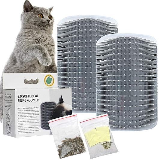 2 PACK Cat Self Grooming Corner Scratcher with Catnip, Massage Comb Brush for Long & Short Fur-PawvioPets