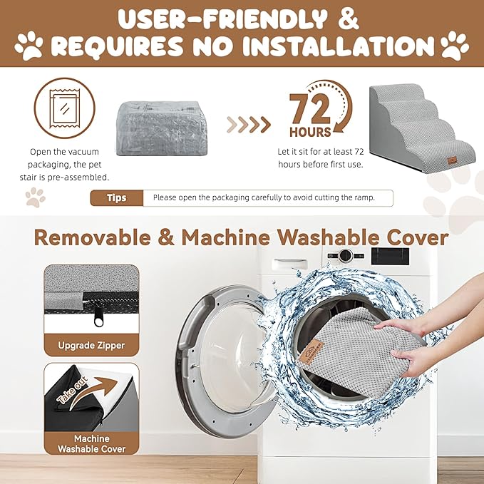 Dog Ramp and Stair for Bed 16" H-20 H,3-Step Cat Stair for Sofa and Chair,4-Step Dog Ramp for High Bed and Window,Durable Nonslip Fabric Cover for Indoor (Light Grey-20 H, Pet Friendly, 4)-PawvioPets