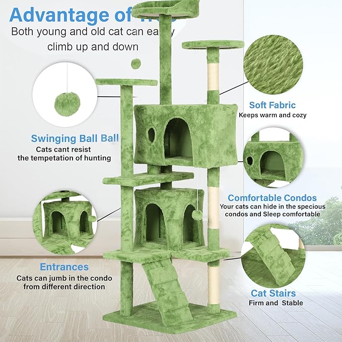 FDW Cat Tree 70in Cat Tower Multi-Level Durable Cat Scratching Post & Cozy Fun Cat Jumping Platform Space Saving Cat Condo Pet Play House for Indoor Cats,Green-PawvioPets