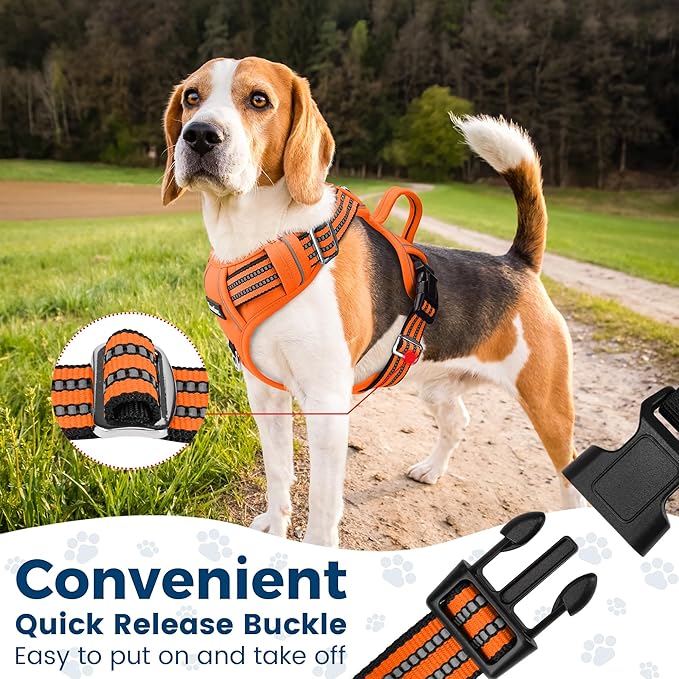 Funfox Dog Harness No Pull, Adjustable Pet Vest Harness, Super Soft Material with Vertical Handle Easy Control, Reflective Night Walking, 2 Leash Clips for Large Dogs, Orange, L-PawvioPets