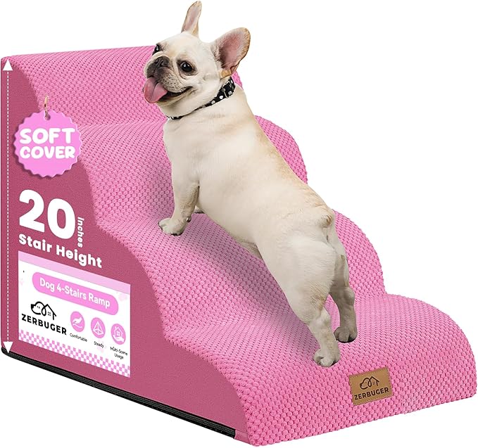 Dog Ramp and Stair for Bed 16" H-20 H,3-Step Cat Stair for Sofa and Chair,4-Step Dog Ramp for High Bed and Window,Durable Nonslip Fabric Cover for Indoor (Pink-20 H, Pet Friendly, 4)-PawvioPets