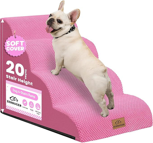 Dog Ramp and Stair for Bed 16" H-20 H,3-Step Cat Stair for Sofa and Chair,4-Step Dog Ramp for High Bed and Window,Durable Nonslip Fabric Cover for Indoor (Pink-20 H, Pet Friendly, 4)-PawvioPets