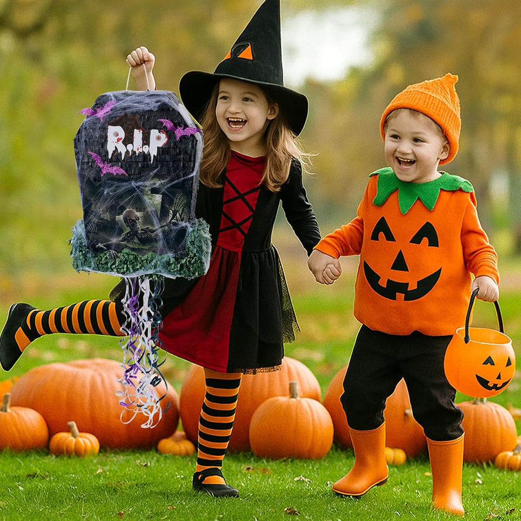 WERNNSAI Halloween Tombstone Piñata - Tombstone Bat Pinata Halloween Party Decor Favors for Kids Birthday Games Rip to Adults Birthday Decorations with Bat Blindfold