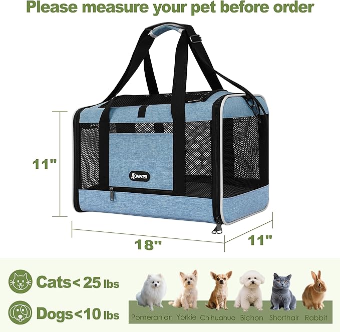 Cat Carrier 18 x 11 x 11 Top Loading Soft-Sided Pet Travel Bag Over 15lbs, Portable Small Dog Puppy Car Crate 10 lbs, Chihuahua Kennel Carry Case, Kitty Cloth Cage Medium Cat Under 25 Blue-PawvioPets