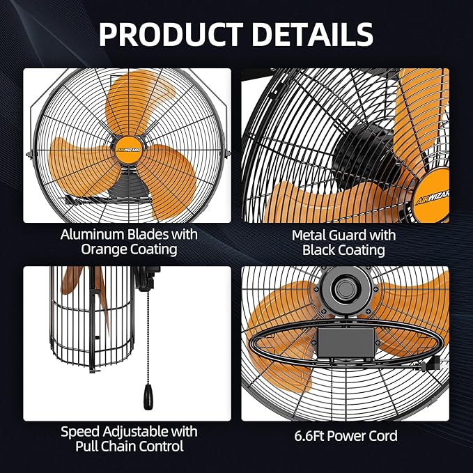 20 Inch Industrial Wall Mount Fan, 4850 CFM High Velocity Metal Wall Fan, 3 Speed, Adjustable Tilt, Commercial Use for Garage, Gym, Covered Patio, Workshop, Greenhouse - UL Listed-PawvioPets