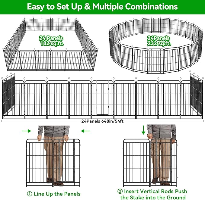 Dog Playpen Outdoor 24 Panels Heavy Duty Dog Fence 47" Height with Thick Pipe Anti-Rust with Doors Portable for RV Camping Yard, Total 54FT, 227 Sq.ft, Snowy Black-PawvioPets