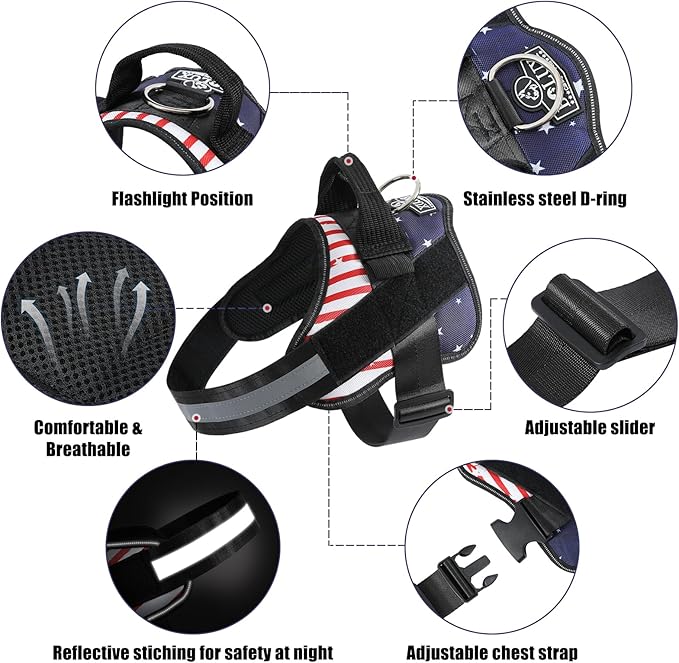 Bolux Dog Harness, No-Pull Reflective Dog Vest, Breathable Adjustable Pet Harness with Handle for Outdoor Walking - No More Pulling, Tugging or Choking (Flag, Large)-PawvioPets