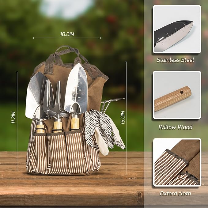 13-Piece Garden Tools Set with Tote Bag & Apron, Repotting Mat - Stainless Steel Heavy Duty Planting Kit, Ergonomic Non-Slip Handles - Gardening Gift for Women, Mom, Home Gardeners-PawvioPets