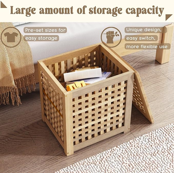 Bench with Storage, Acacia Laundry Hamper with Seat, Storage Benches with Seating for Entryway, Living Room, Bedroom, Bathroom (15.7x19.7x17.7in)-PawvioPets