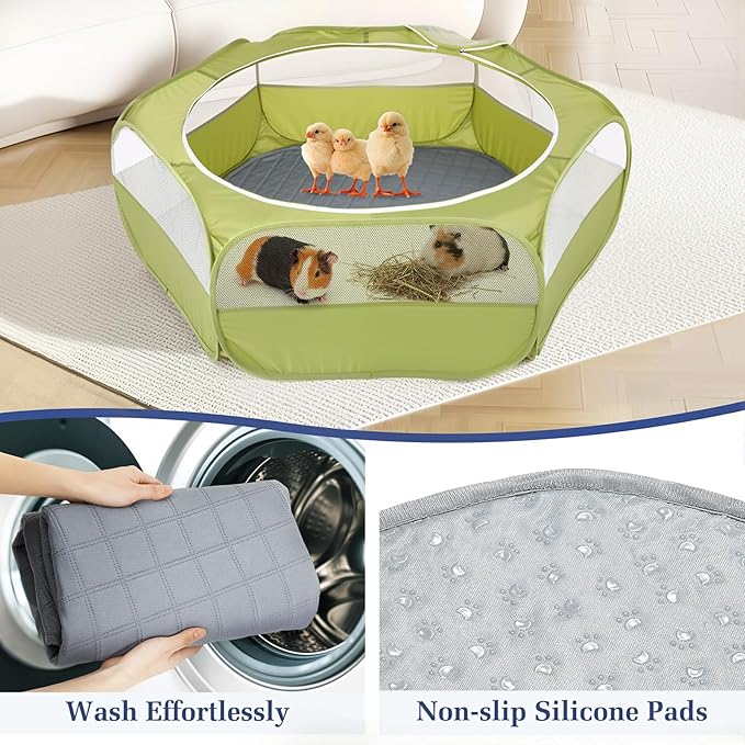 2-in-1 Small Animals Playpen with Pad, Waterproof Small Pet Cage Tent with Reusable Pad, Portable Outdoor Yard Fence with 3 Metal Rod for Chick/Kitten/Puppy/Guinea Pig/Rabbits/Chinchillas, Green-PawvioPets