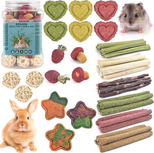 ERKOON 53 Bunny Chew Toys for Rabbits Teeth, Natural Rabbit Toys Apple Wood Sticks, Carrot, Timothy Grass for Small Pets, Hamster, Chinchilla, Guinea Pig Dental Care and Treat Teething(53)-PawvioPets
