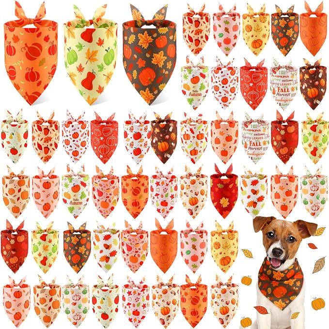 Abbylike 50 Pcs Fall Dog Bandanas Bulk Pumpkin Bandanas for Dogs Triangle Kerchief Bibs Scarf for Small Medium Large Pets Autumn Thanksgiving Costume Accessories, 25 Styles (25.6 x 17.7 x 17.7 Inch)-PawvioPets