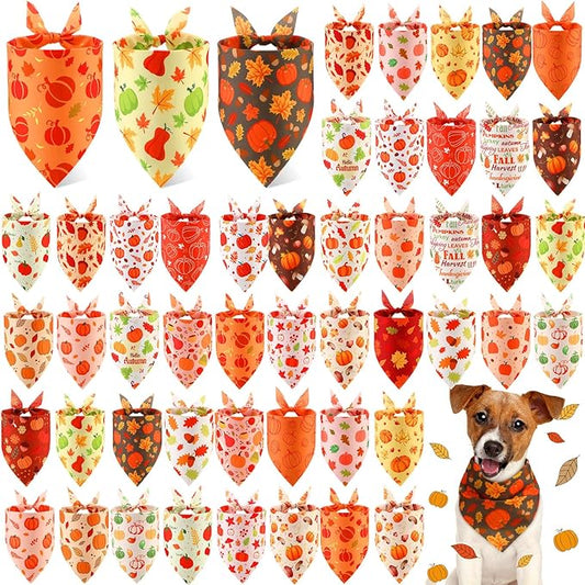 Abbylike 50 Pcs Fall Dog Bandanas Bulk Pumpkin Bandanas for Dogs Triangle Kerchief Bibs Scarf for Small Medium Large Pets Autumn Thanksgiving Costume Accessories, 25 Styles (25.6 x 17.7 x 17.7 Inch)-PawvioPets