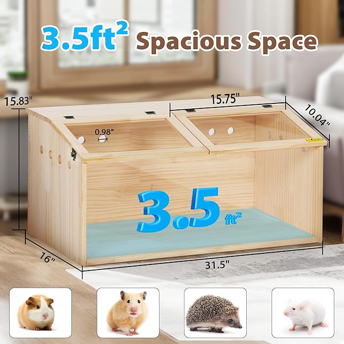 COZIWOW Wooden Hamster Cage, Large Hamster Habitats Enclosure with Acrylic Window & Openable Top, (32" L x 16" W x 16" H) Small Animal Cage for Guinea Pig, Chinchilla, Gerbil-PawvioPets