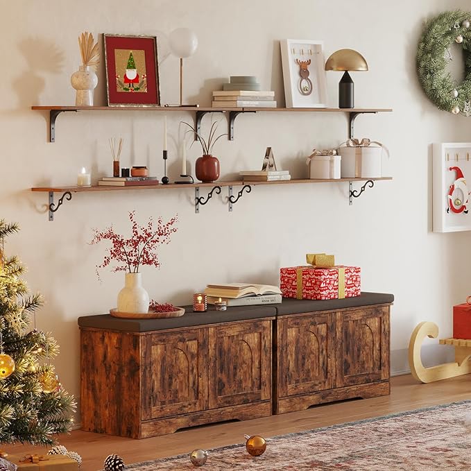 DINZI LVJ Shoe Bench, Entryway Storage Bench with Doors, Cushion, 2-Tier Shoe Rack with 6-Cubby, 31.5”L x 13.8”W Shoe Organizer Cabinet, Adjustable Shelf, Living Room, Bedroom, Rustic Brown-PawvioPets