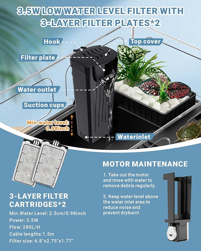 GOZILLA Small Turtle Tank Kit(Tank+Lamp+Filter), Acrylic Turtle Starter Kit with Adjustable Lamp, Reptile Habitat and Terrarium with Multi-Functional Areas for Small Reptiles. (Black Kit)-PawvioPets