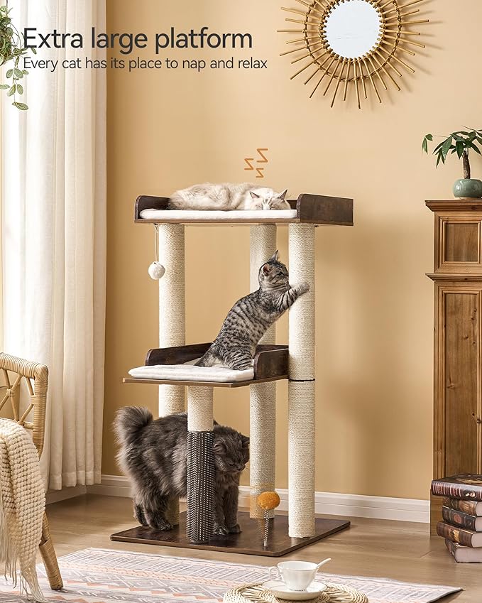 FourFurPets 43.7" Cat Tree, Modern Cat Tree Tower, Cat Tower for Indoor Cats Large Adult, Cat Condo with Scratching Post, Large Perch and Removable Pads,Rustic Brown-PawvioPets