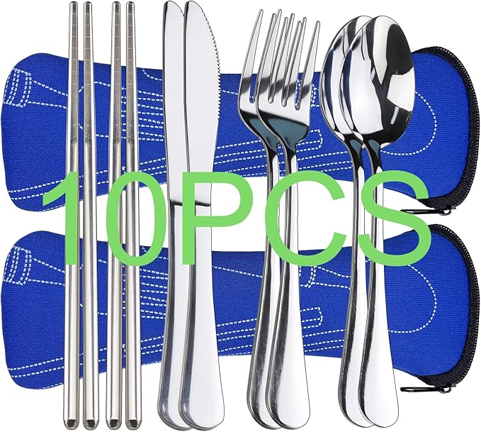 10PCS Portable Silverware Set with Case, Lengnoyp Travel Camping Utensils Set, Premium Stainless Steel Travel Cutlery Set, Reusable Safe Flatware Sets for Lunch Box/Workplace/Students, Silver-PawvioPets