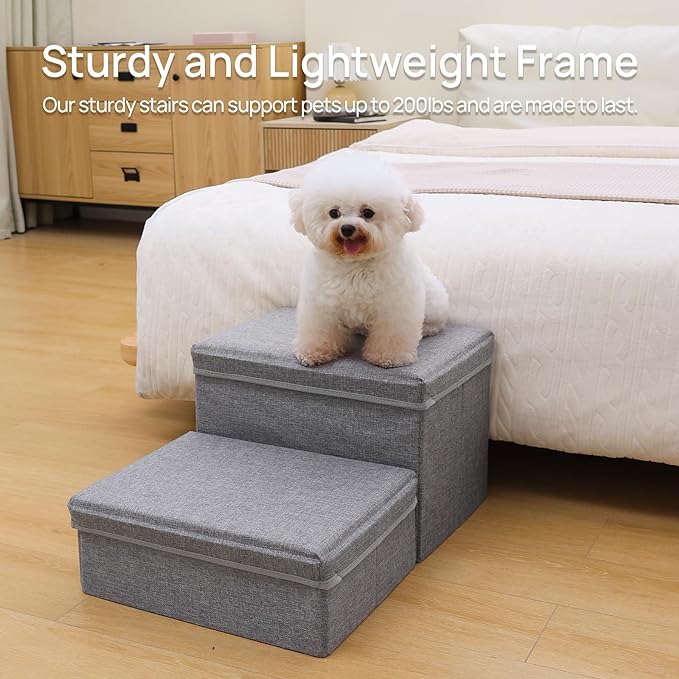 Foldable Dog Stairs/Steps 2-Tier Pet Steps Storage and Adjustable Steps for Small Medium Dogs Pet Steps Storage Stepper for High Beds Sofa Pet Dog Cat (2 Step-Light Grey)-PawvioPets
