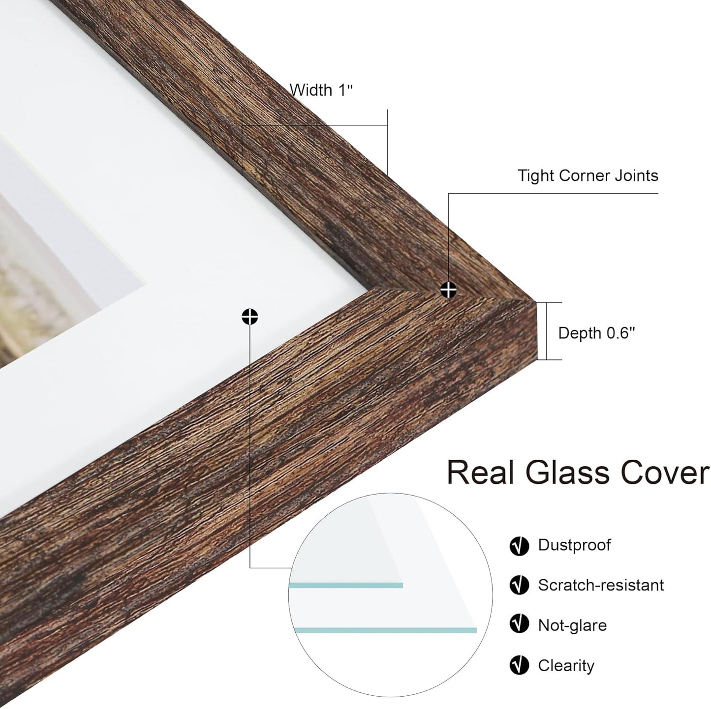 8x10 Picture Frame Set of 2, Rustic Brown Wood Frame with Glass Collage Frame, Display Pictures Two 4x6 With Mat or 8 x 10 Without Mat - Horizontal or Vertical Wall Mounting