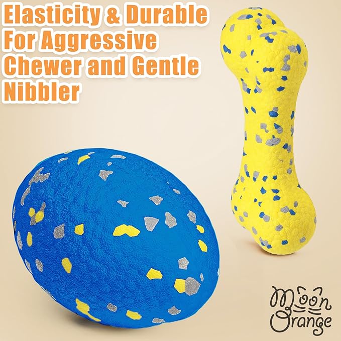 2Pcs Upgrade Bone Dog Balls+Rugby Dogs Toys for Aggressive Chewers, Indestructible Tennis Balls for Dogs (Blue+Yellow)-PawvioPets