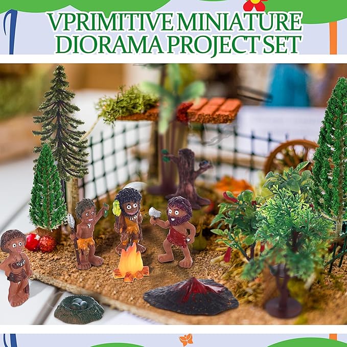 27 Pcs Primitive Man Figurines Kit, Include Diorama Supplies Mini People Figures Mixed Model Trees Stone Sand for Diorama Box Educational School Project Gift-PawvioPets
