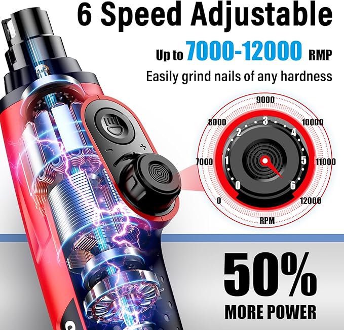 Casfuy Smart 6-Speed Dog Nail Grinder - 50% More Power Pet Nail Grinder with 2 LED Lights Quiet Rechargeable Electric Dog Nail Trimmers File Toenail Grinder for Large Medium Small Dogs & Cats (Red)-PawvioPets