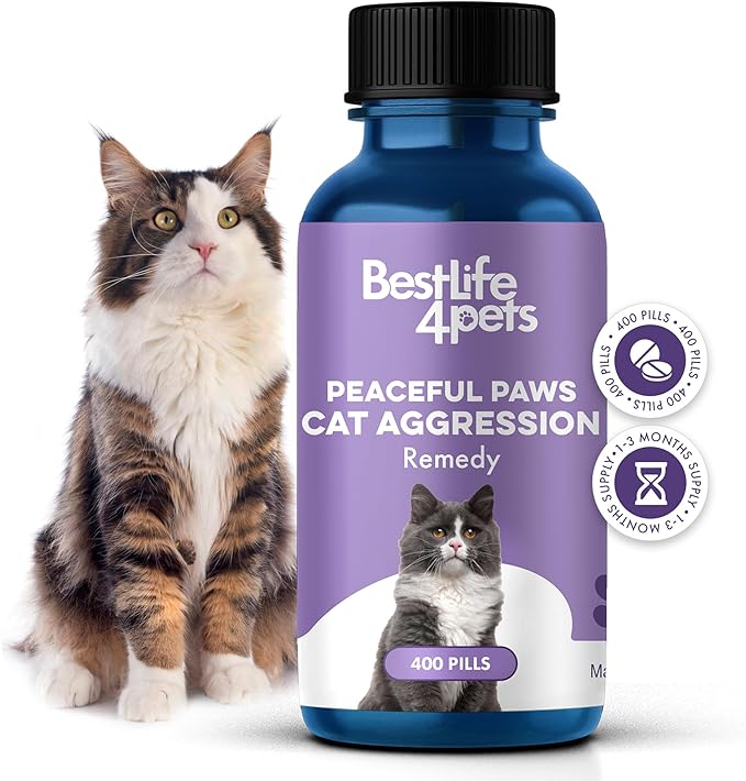 Anti Aggression for Cats Calming Remedy, A Natural Diffuser and Cat Calming Aid for Stress, Spiteful Spraying, Scratching & Territorial Behavior, Non-Drowsy, 400 Odorless, Tasteless Pills-PawvioPets